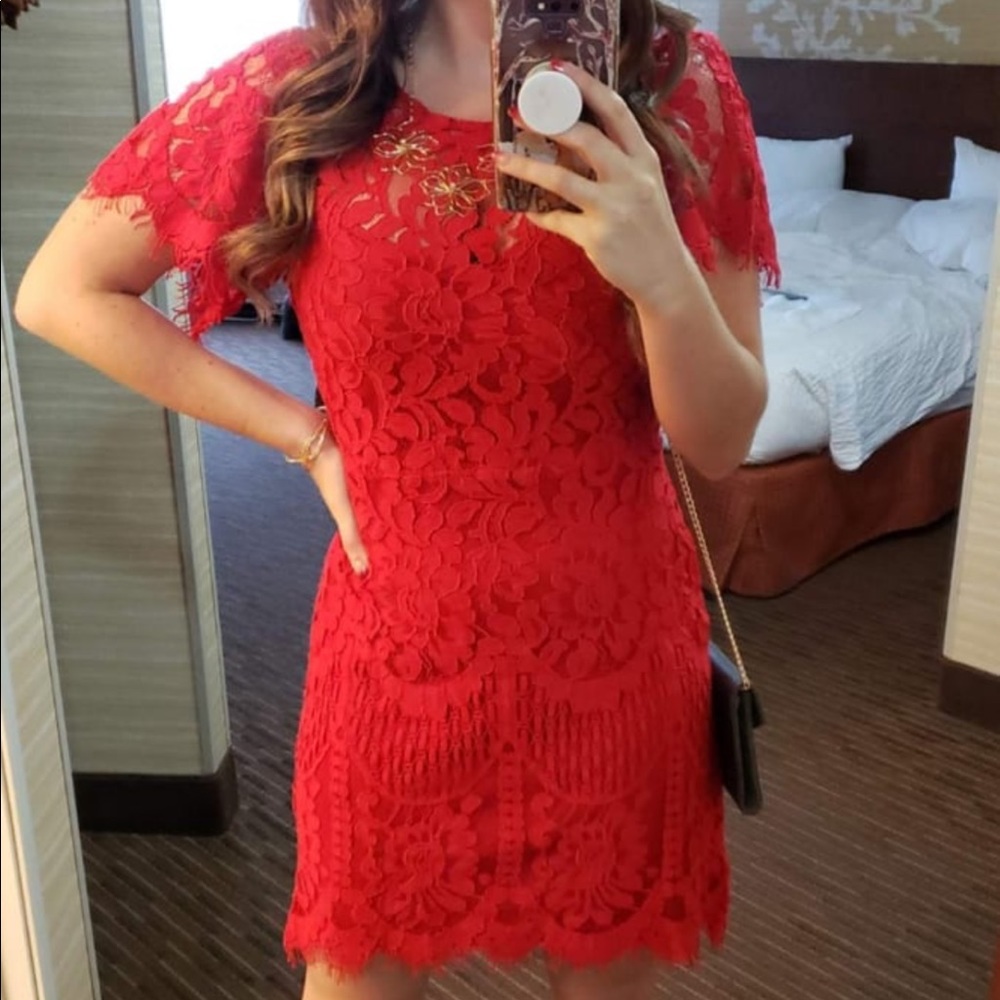 NWT Lulus Pearson Red Lace Dress Short Sleeve NEW